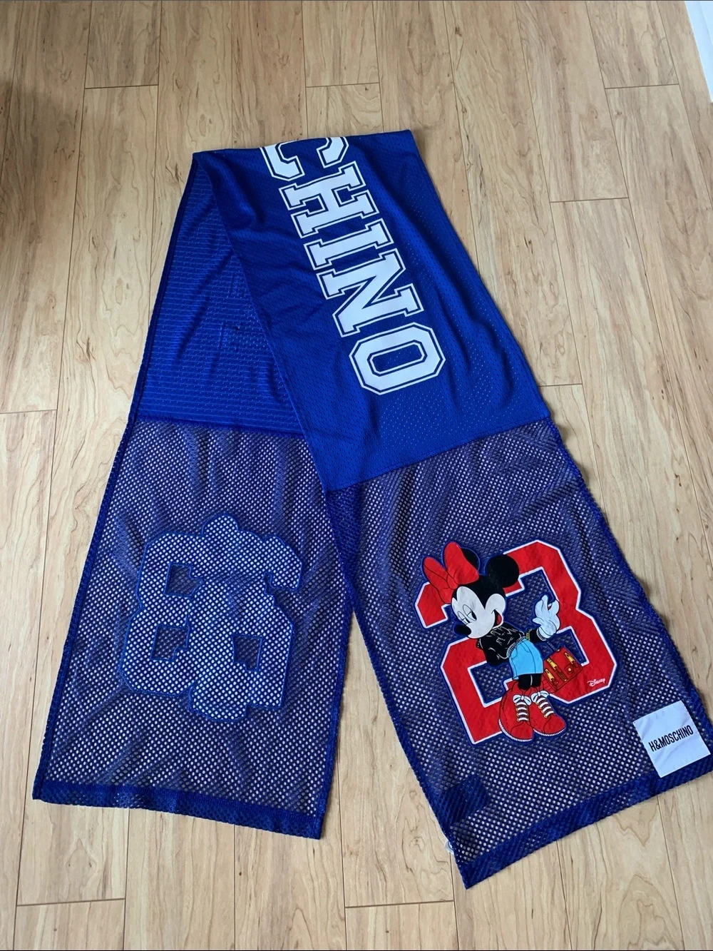 Moschino H&M Disney Blue Mesh Scarf with Mickey & Minnie Graphics